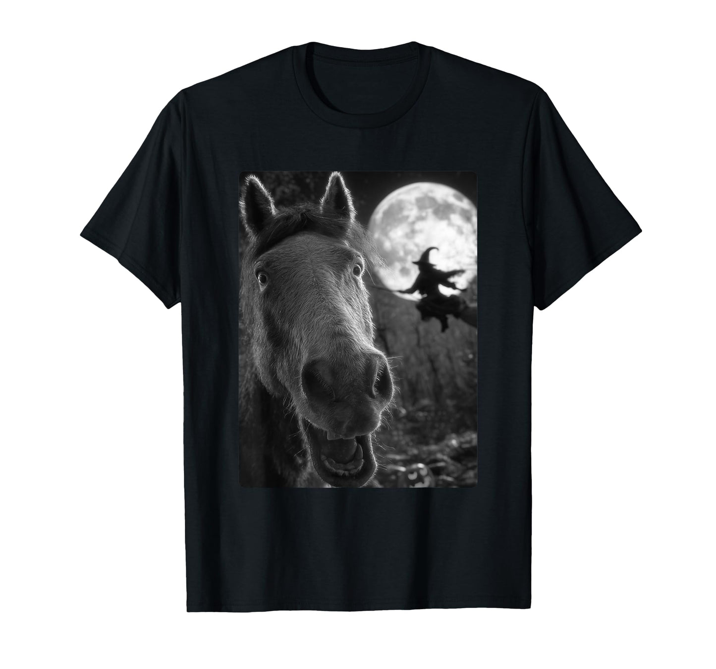 Funny Horse Selfie Full Moon Flying Witch Forest Halloween T-Shirt