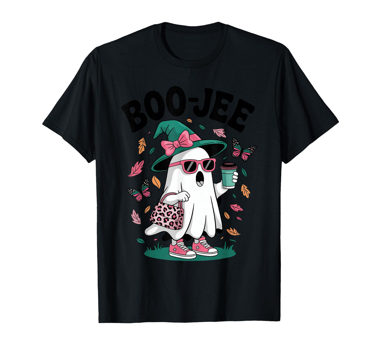 Ghost Boujee Witch Hat Coffee Halloween Leopard Print Girls T-Shirt