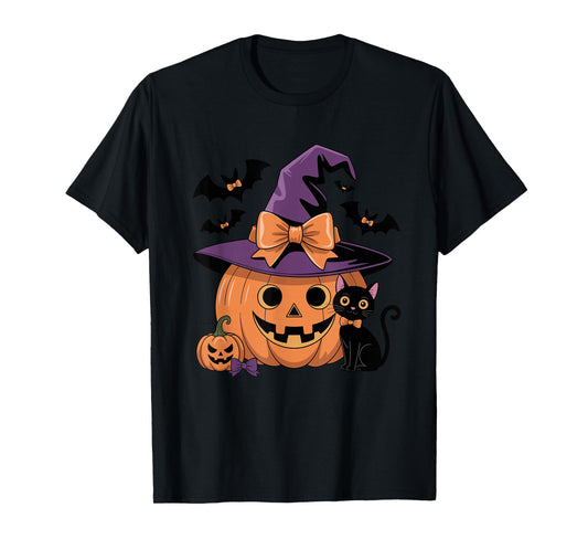 Fall Season Pumpkin Witch Hat Bow Halloween T-Shirt