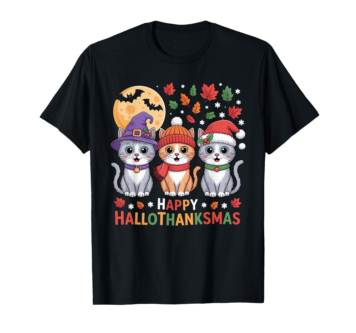 Halloween Thanksgiving Christmas Happy HalloThanksMas Cats T-Shirt