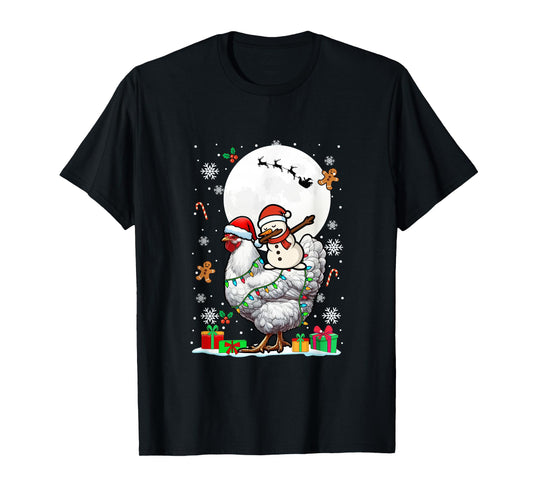 Dabbing Snowman On Chicken Christmas Santa Colorful Lights T-Shirt
