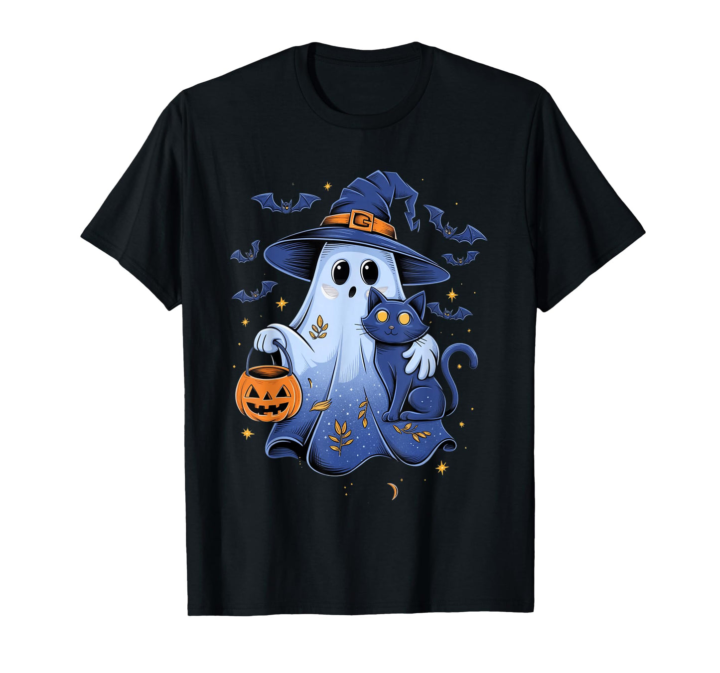 Funny Ghost Witch Holding Black Cat Women Men Halloween T-Shirt