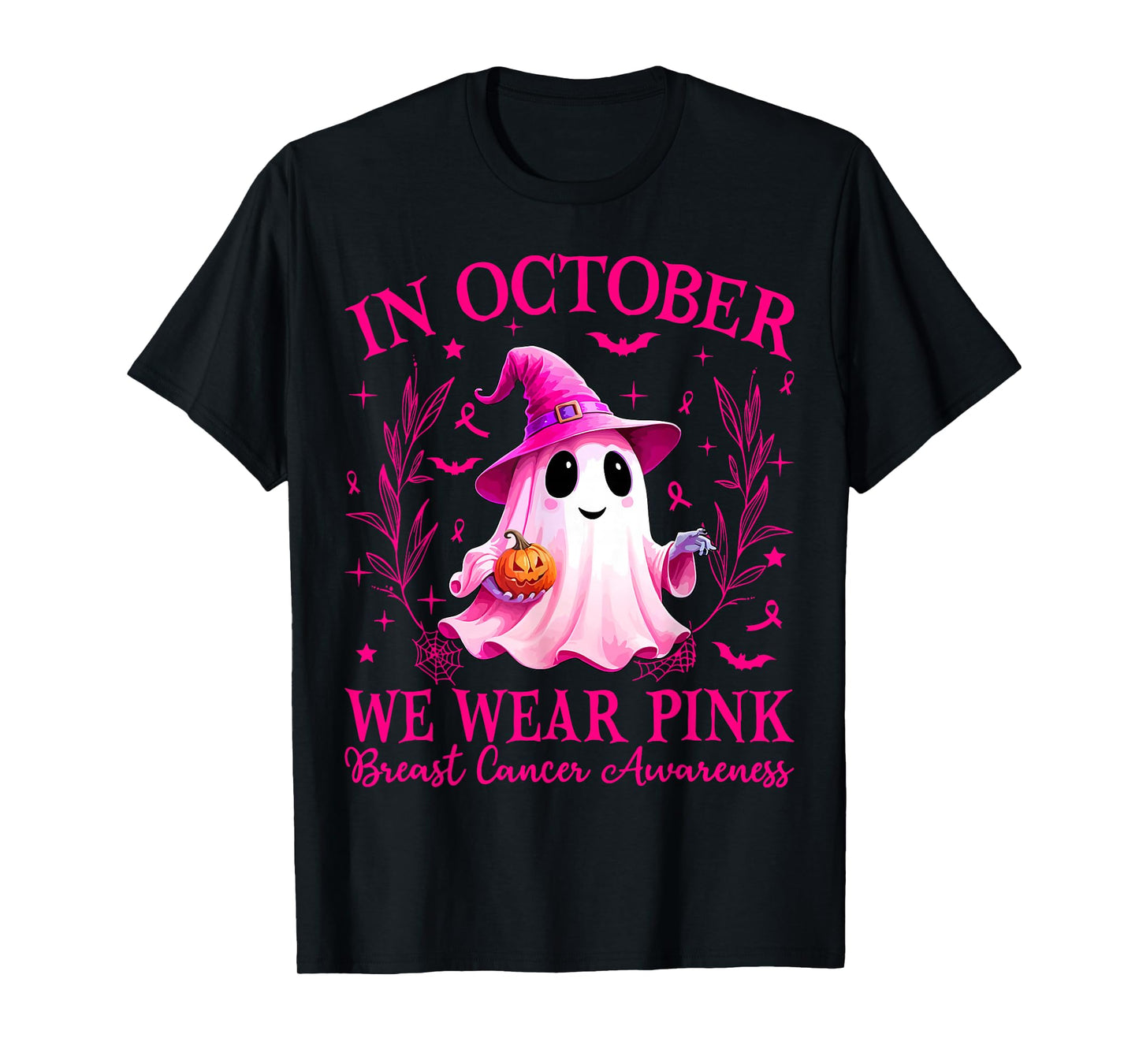in October We Wear Pink Ghost Witch Breast Cancer Awareness T-Shirt