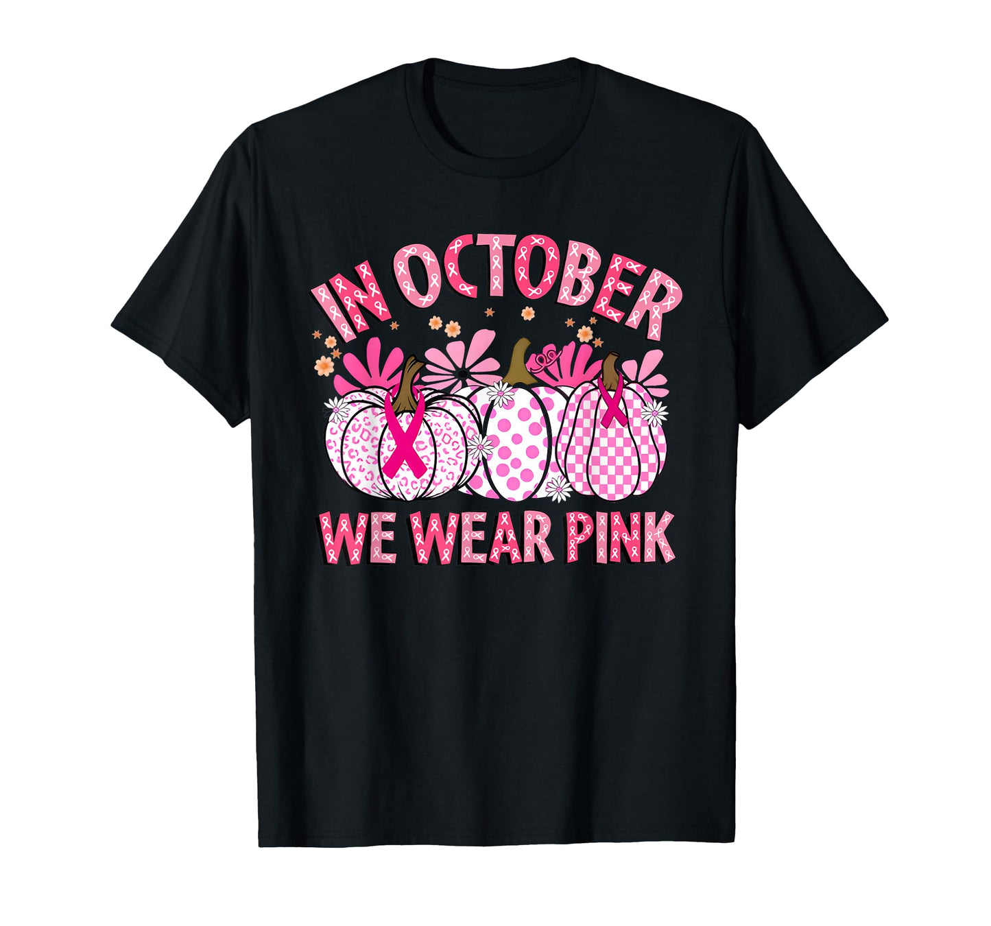 in October We Wear Pink Breast Cancer Pumpkin Halloween T-Shirt