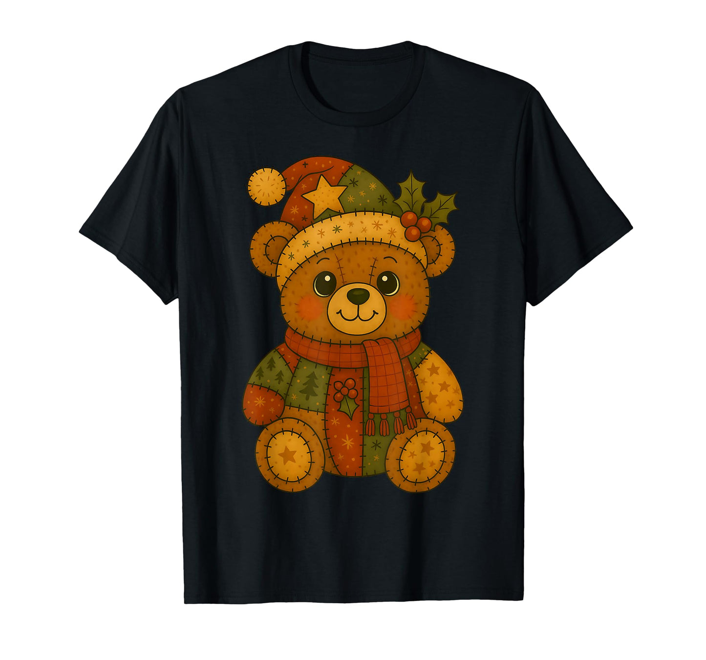 Patchwork Christmas Bear Wearing Santa Hat Winter Holiday T-Shirt