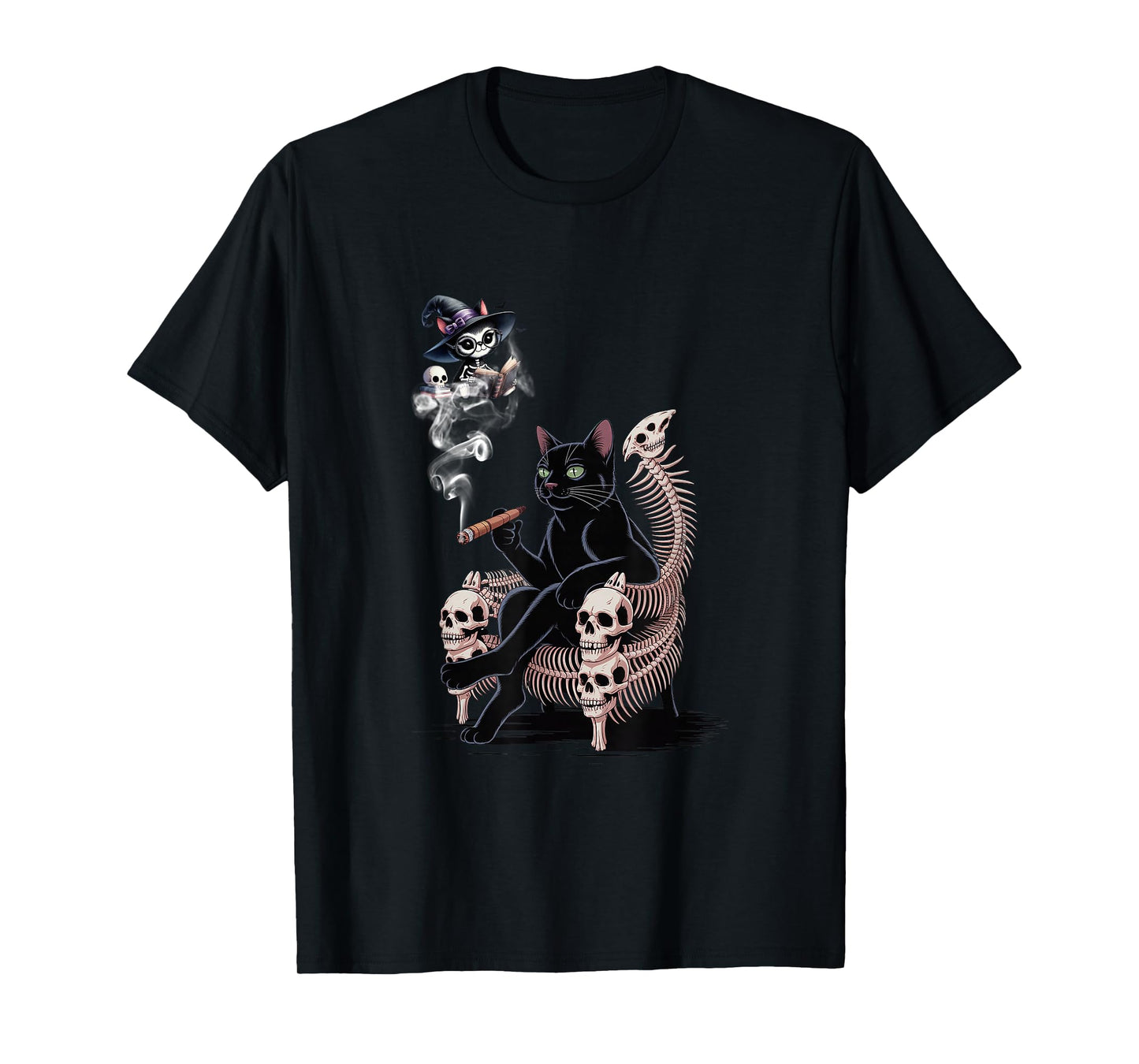Black Cat Smoking Cigarette Halloween Witch Cat Reading Book T-Shirt