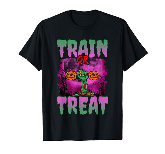 Train Or Treat Halloween Gym Weightlifting Zombie Fitness T-Shirt