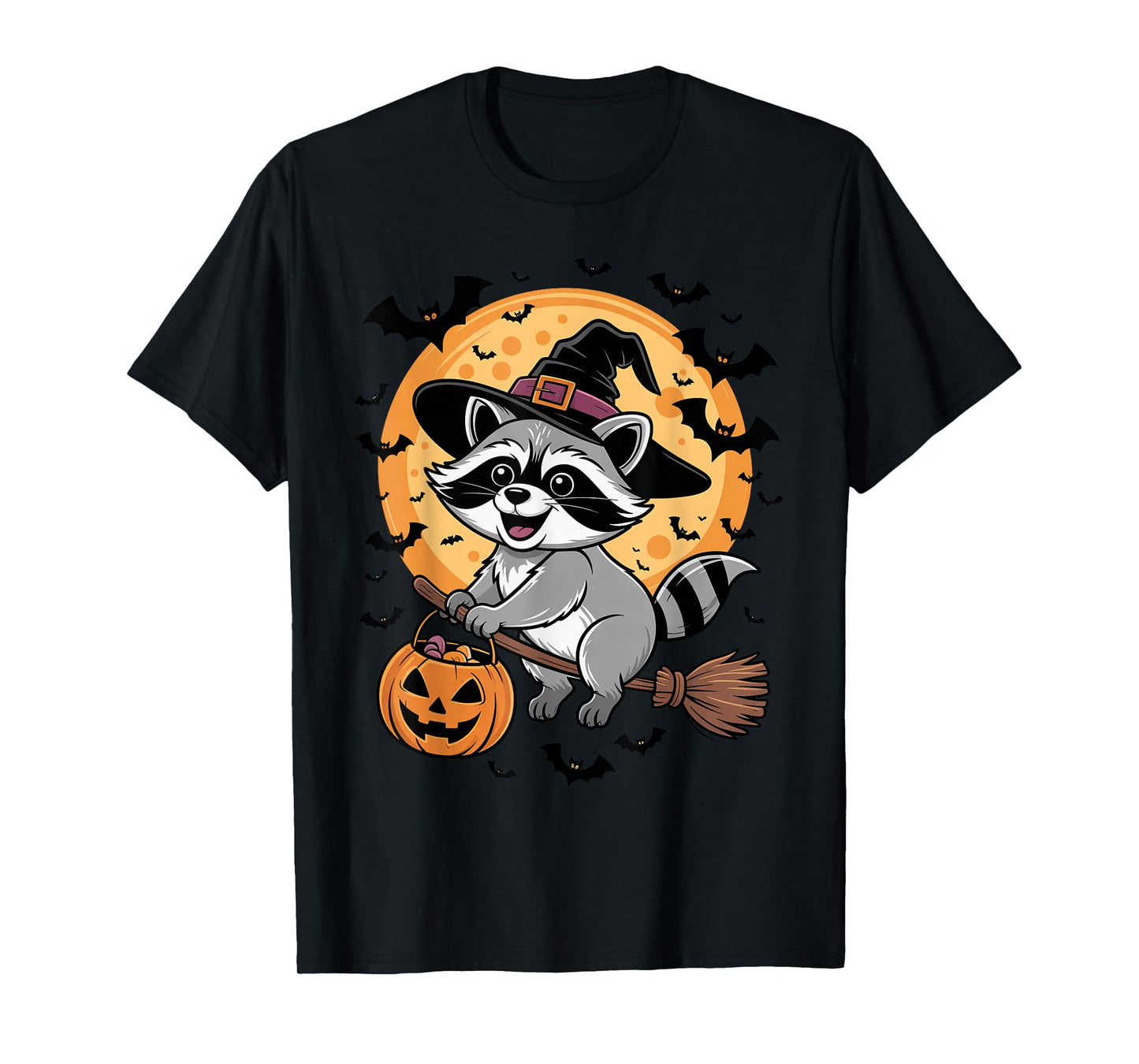 Kawaii Raccoon in Witch Hat on a Broom Halloween Costume T-Shirt