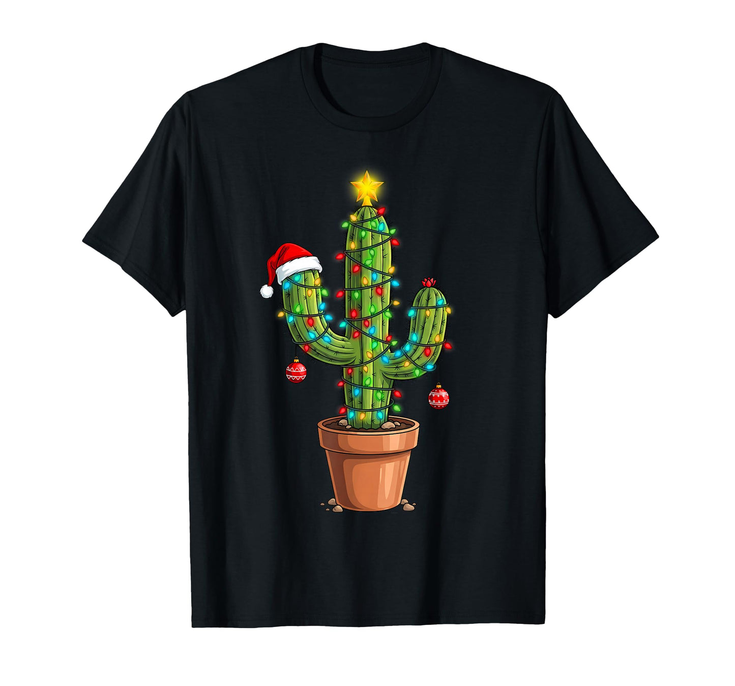 Funny Christmas Lights Cactus Lover Xmas Tree Santa Hat T-Shirt
