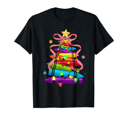 School Xmas Crayon Christmas Tree Lights Teacher Student T-Shirt