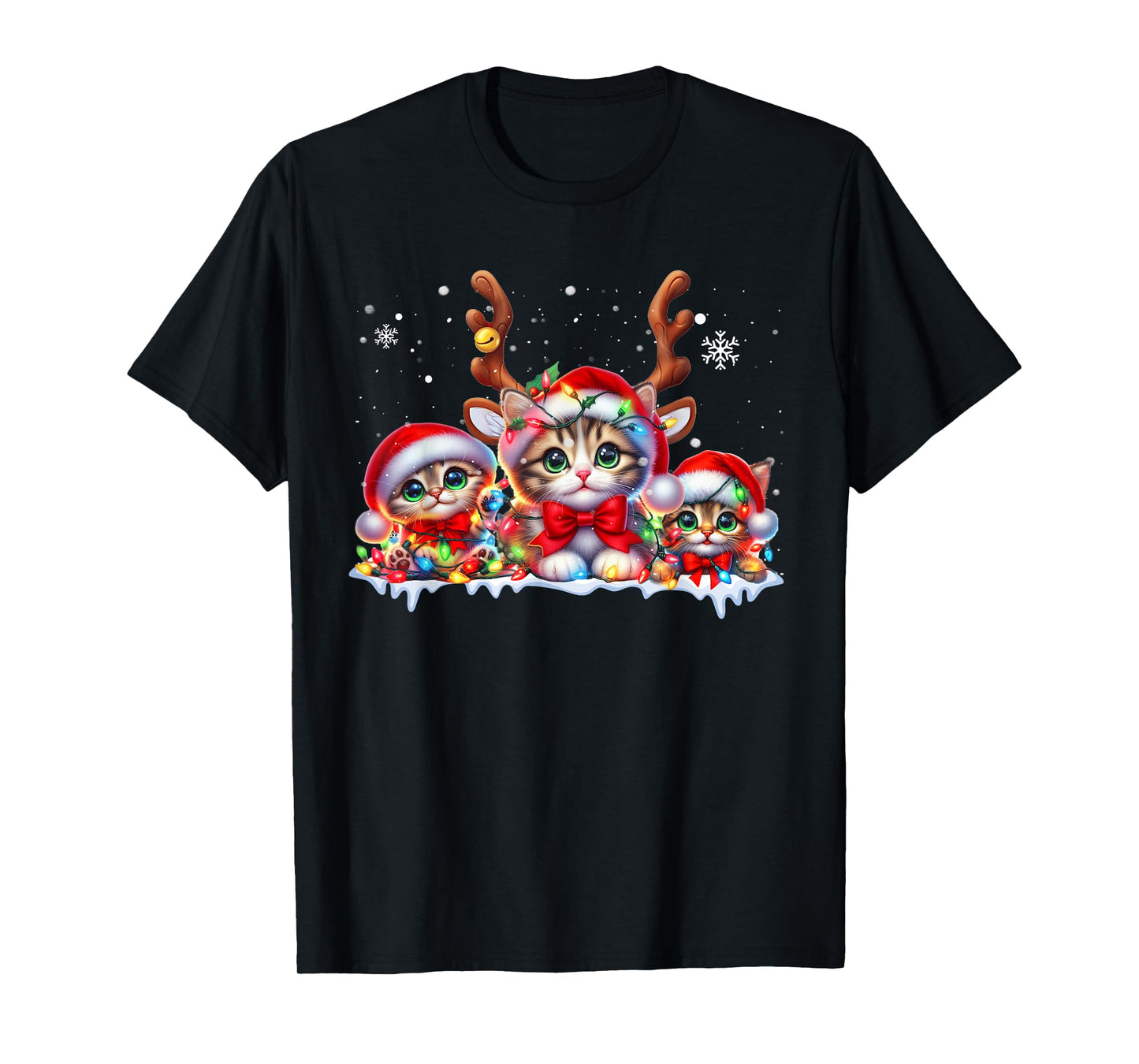 Cat Christmas Light Reindeer Santa Hat Xmas Funny Cat Lover T-Shirt
