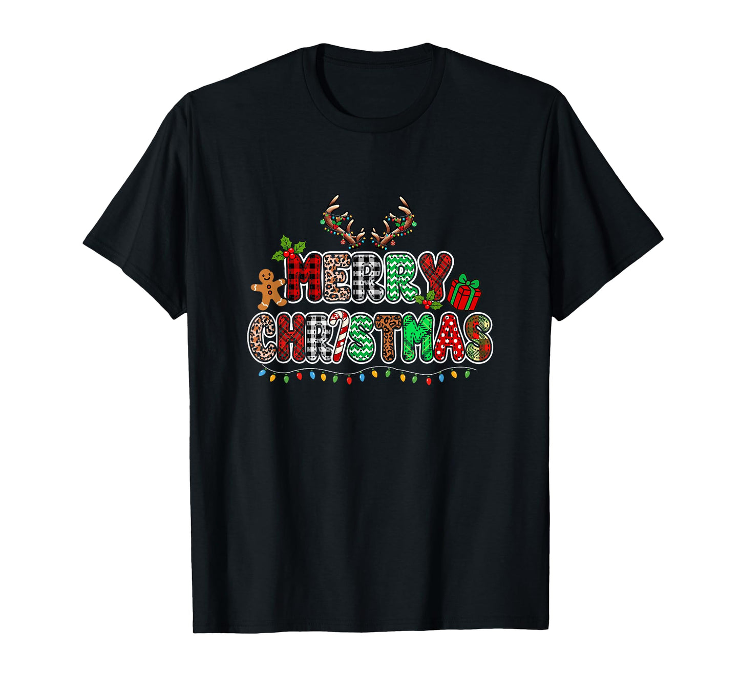 Merry Christmas Leopard Colorful Lights Reindeer Gingerbread T-Shirt