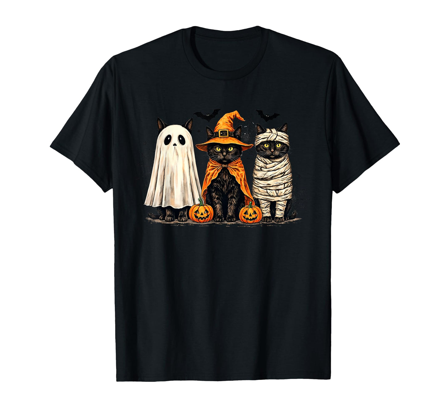 Retro Black Cat Witch Scary Halloween Pumpkin Women Men Kids T-Shirt