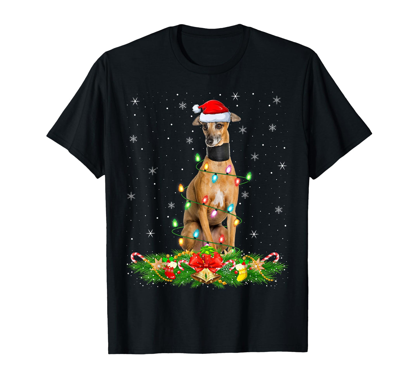 Greyhound Dog Christmas Lights Funny Santa Hat Xmas T-Shirt
