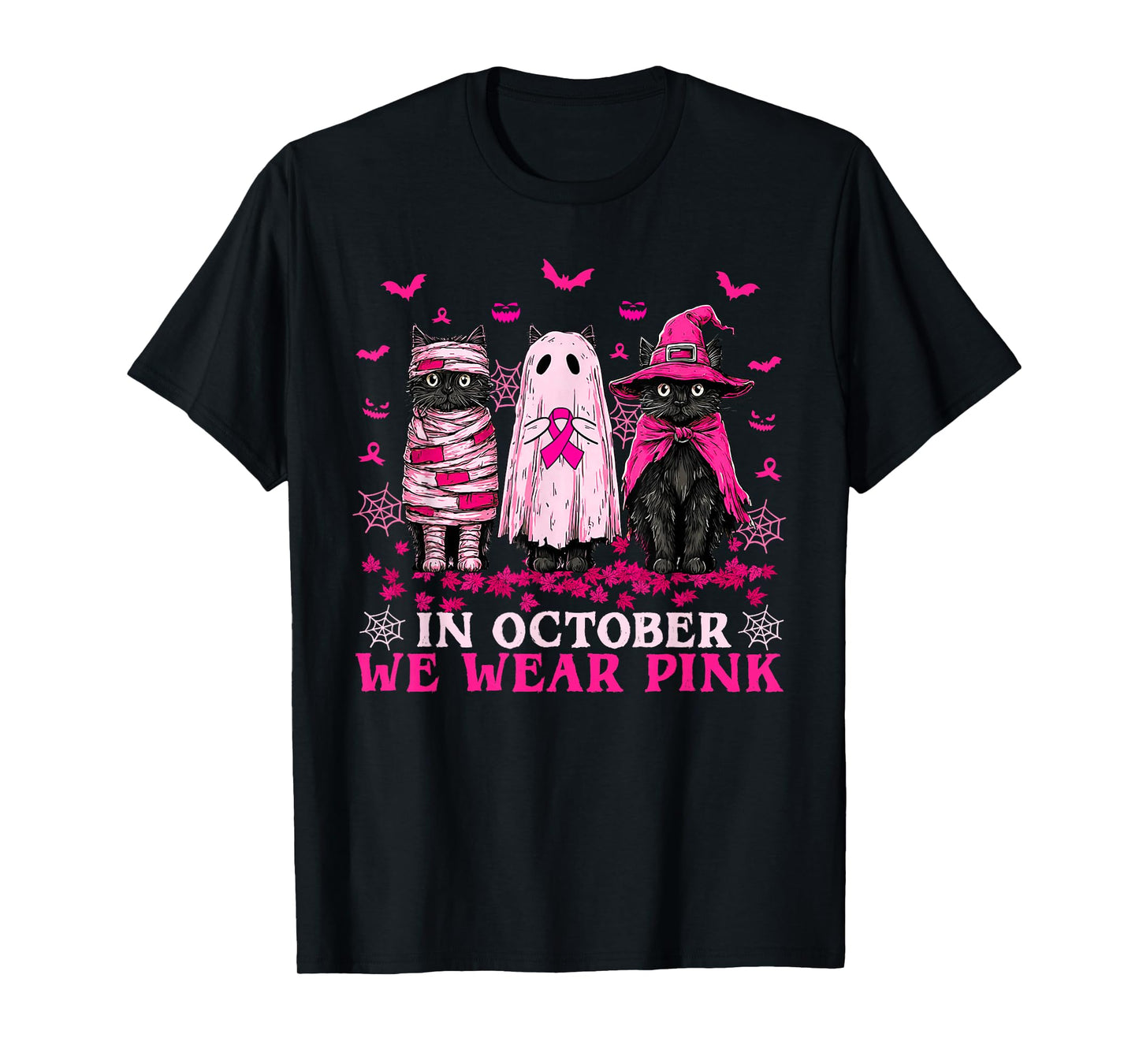 Retro Halloween Black Cat in October We Wear Pink T-Shirt