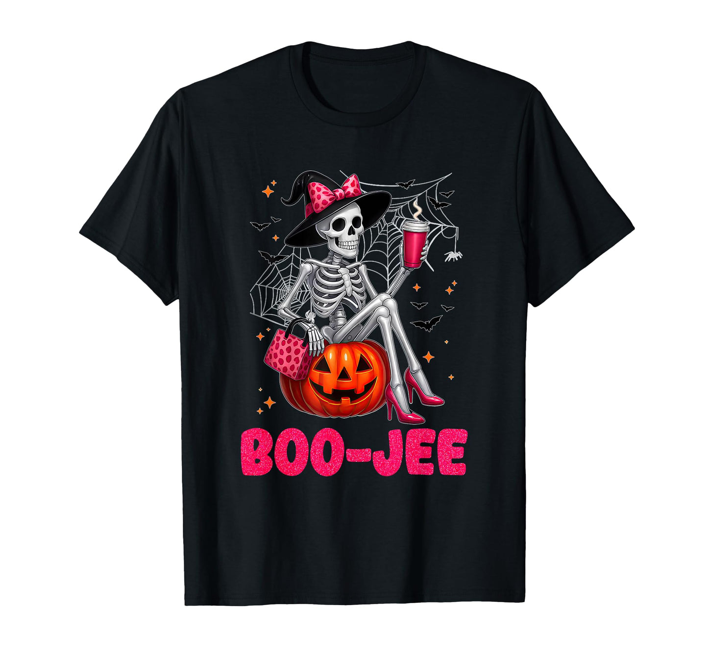 Pink Bow Spooky Witch Skeleton Drinking Halloween Pumpkin T-Shirt