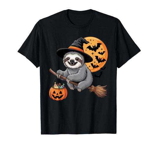 Cute Sloth Witch with Jack-O-Lantern Pumpkin Halloween T-Shirt