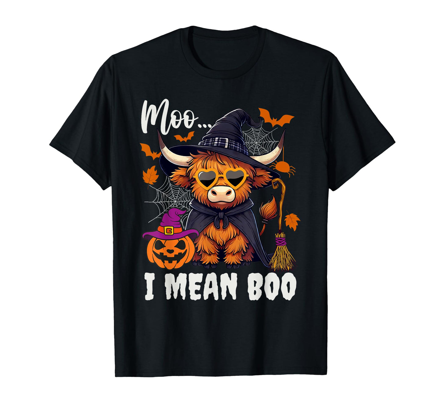 Moo I Mean Boo Witch Highland Cow Halloween Costume T-Shirt