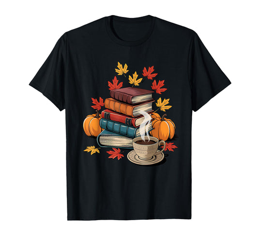 Vintage Books Tea Lovers Fall Autumn Leaves and Pumpkins T-Shirt