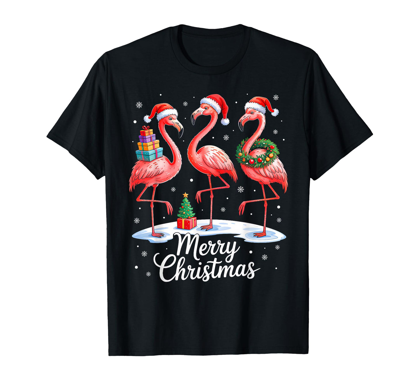 Pink Flamingo Xmas Lights Santa Hat Pajama Merry Christmas T-Shirt
