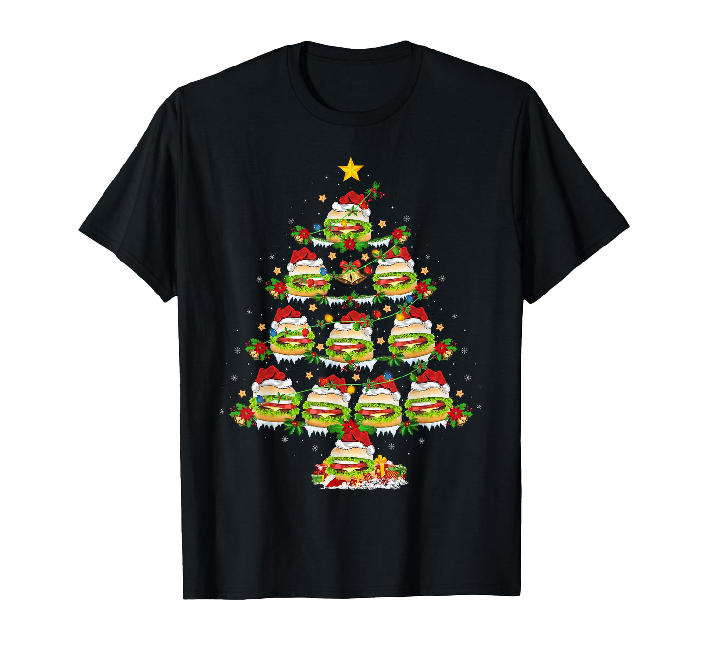 Burger Christmas Tree Lights Fast Food Burger Lover Xmas T-Shirt