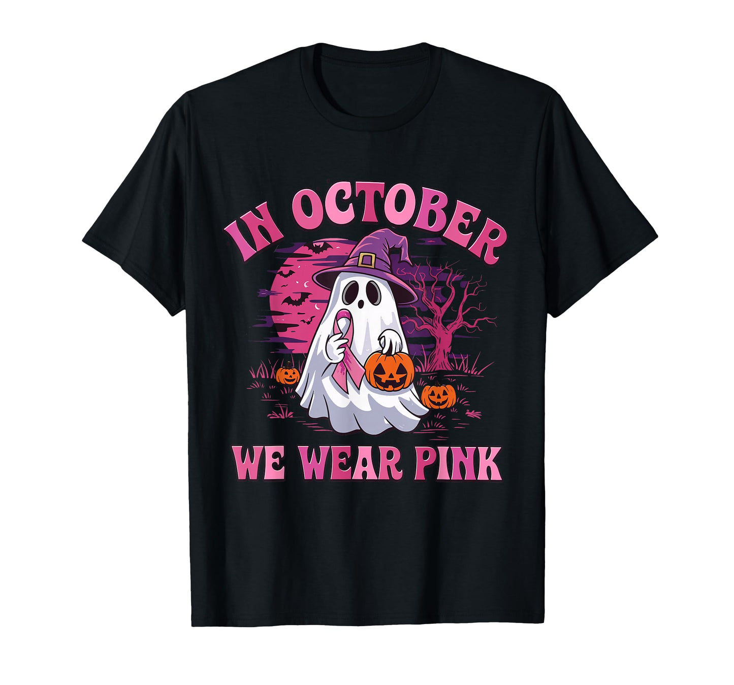 in October We Wear Pink Breast Cancer Ghost Pumpkin Witch T-Shirt