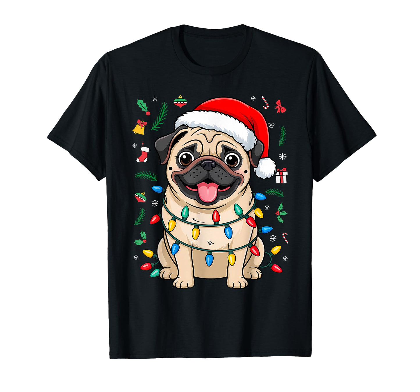 Pug Santa Christmas Tree Lights Xmas Boys Pugmas Dog Dogmas T-Shirt