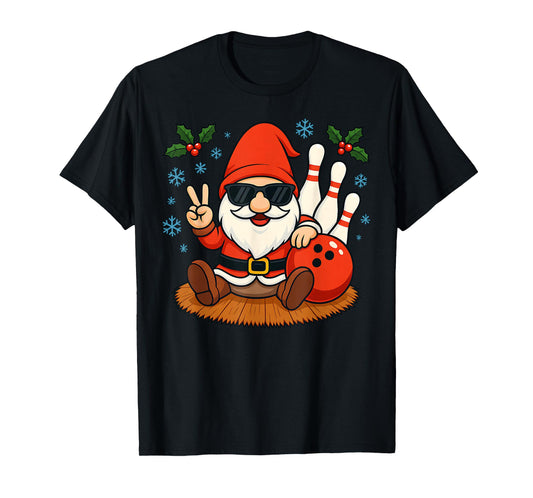 Cute Santa Gnome Bowling Christmas Funny Holiday Vibes T-Shirt