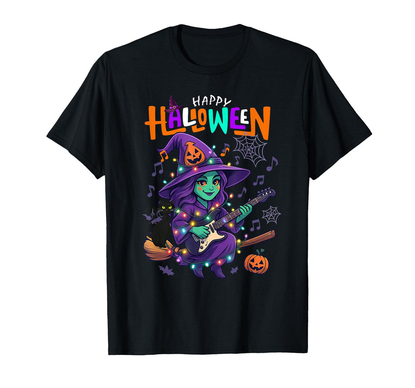 Funny Witch Playing Guitar Happy Halloween Boys Girls Kids T-Shirt