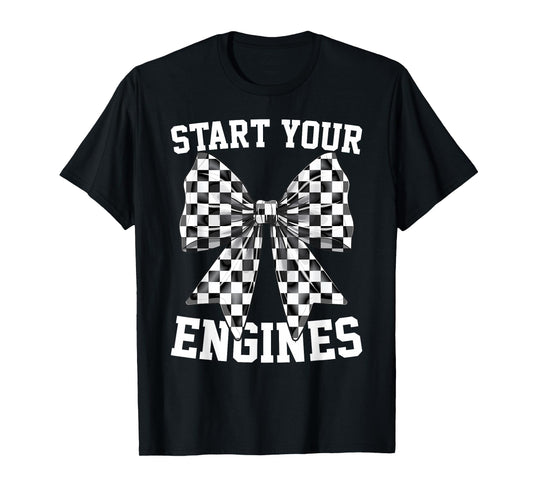 Start Your Engines Vintage Checkered Bow Race Car Lovers T-Shirt