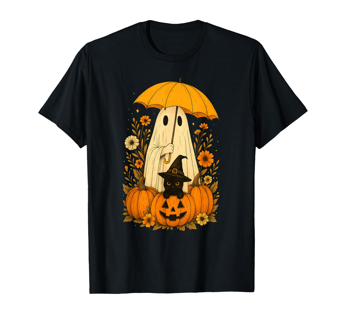 Vintage Halloween Ghost and Black Cat Groovy Floral T-Shirt