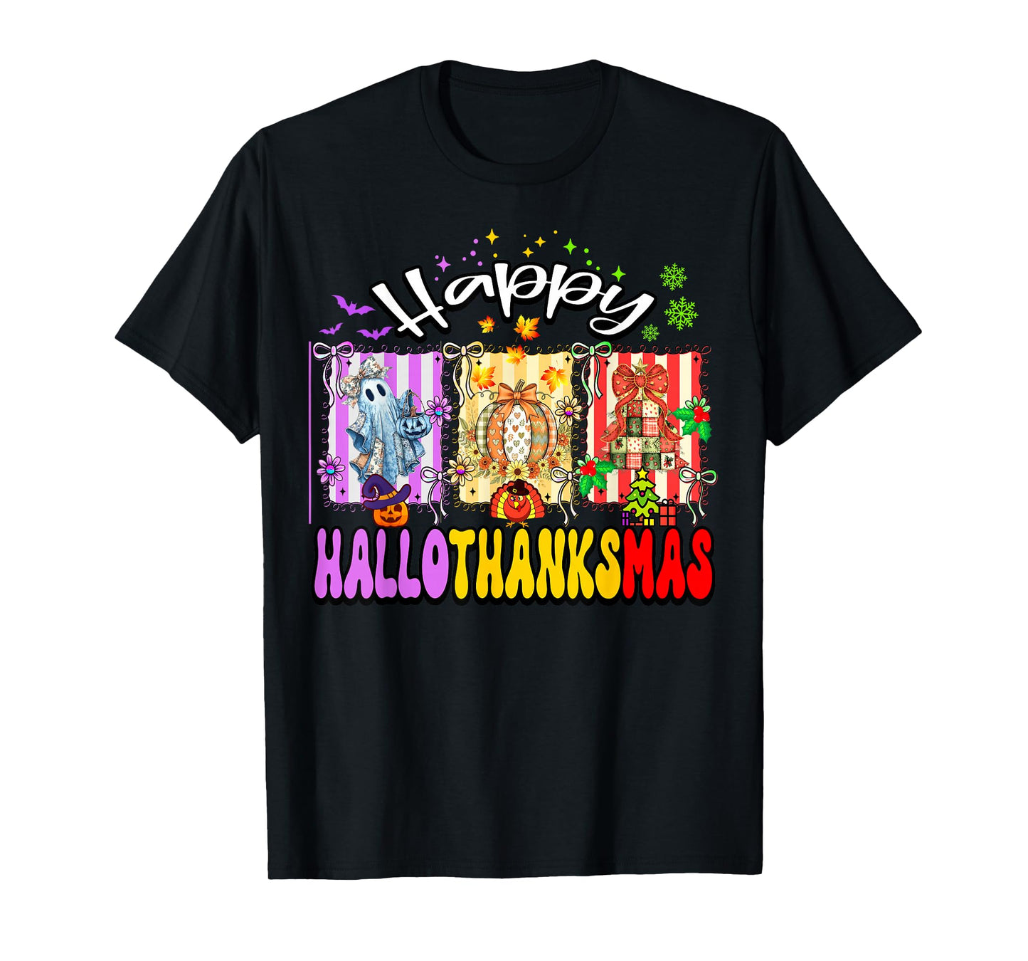 Happy Hallothanksmas Retro Halloween Thanksgiving Christmas T-Shirt
