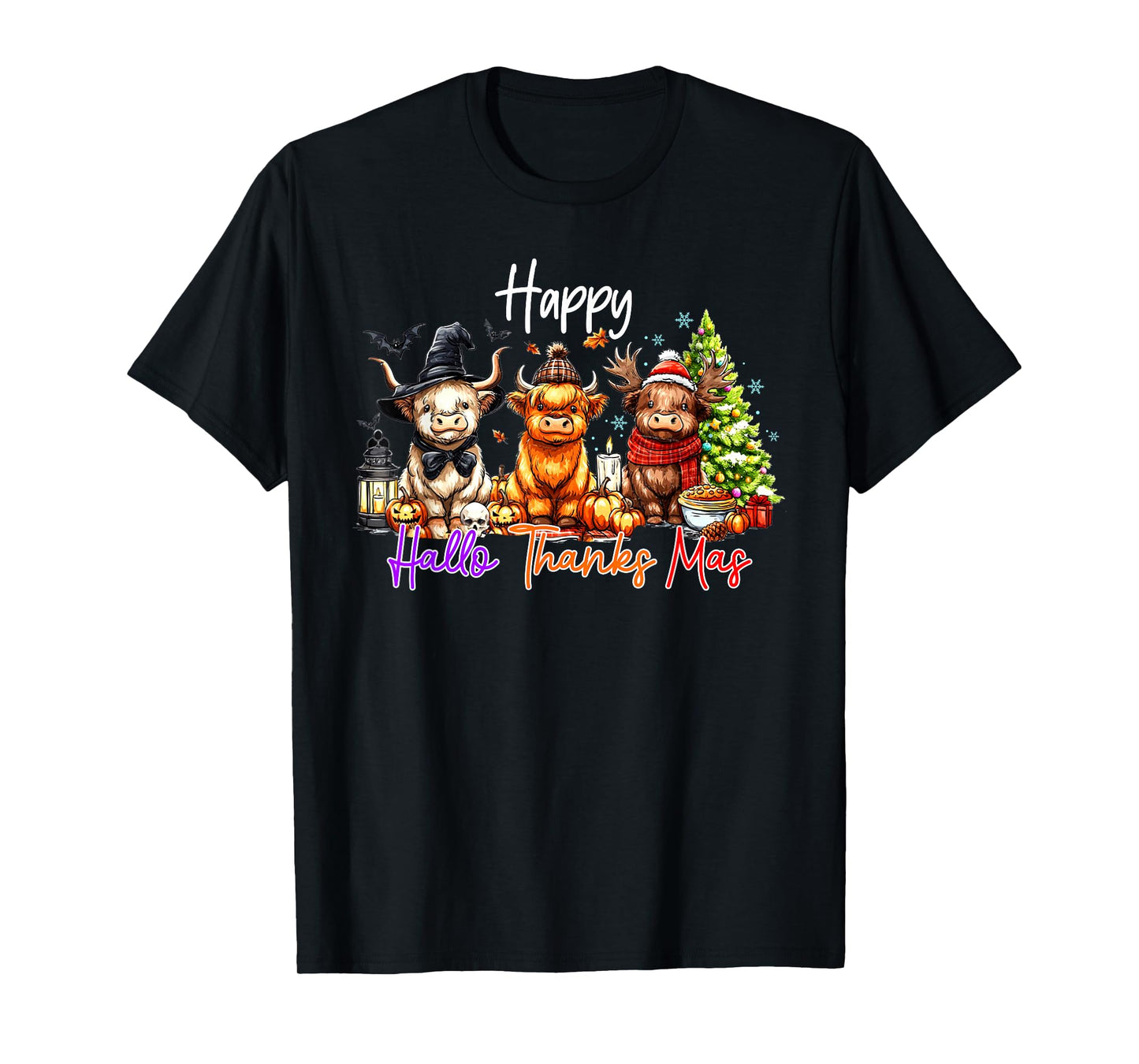 Happy Hallothanksmas Highland Cow Halloween Merry Christmas T-Shirt