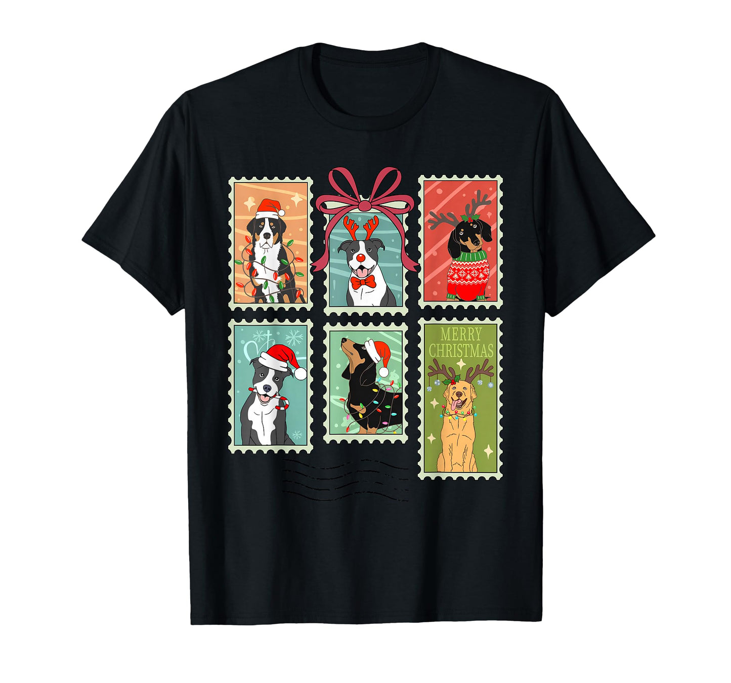 Vintage Merry Christmas Dogs Santa Stamps Reindeer Coquette T-Shirt