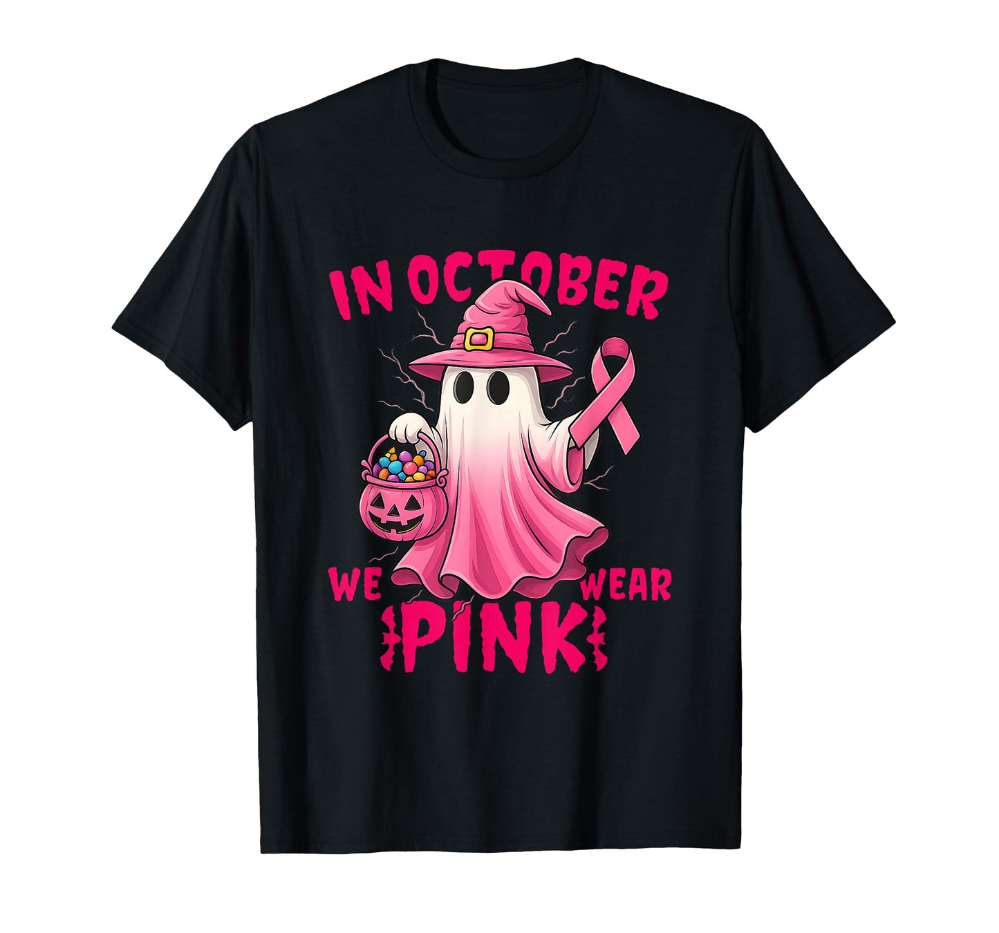 in October We Wear Pink Ghost Witch Breast Cancer Awareness T-Shirt