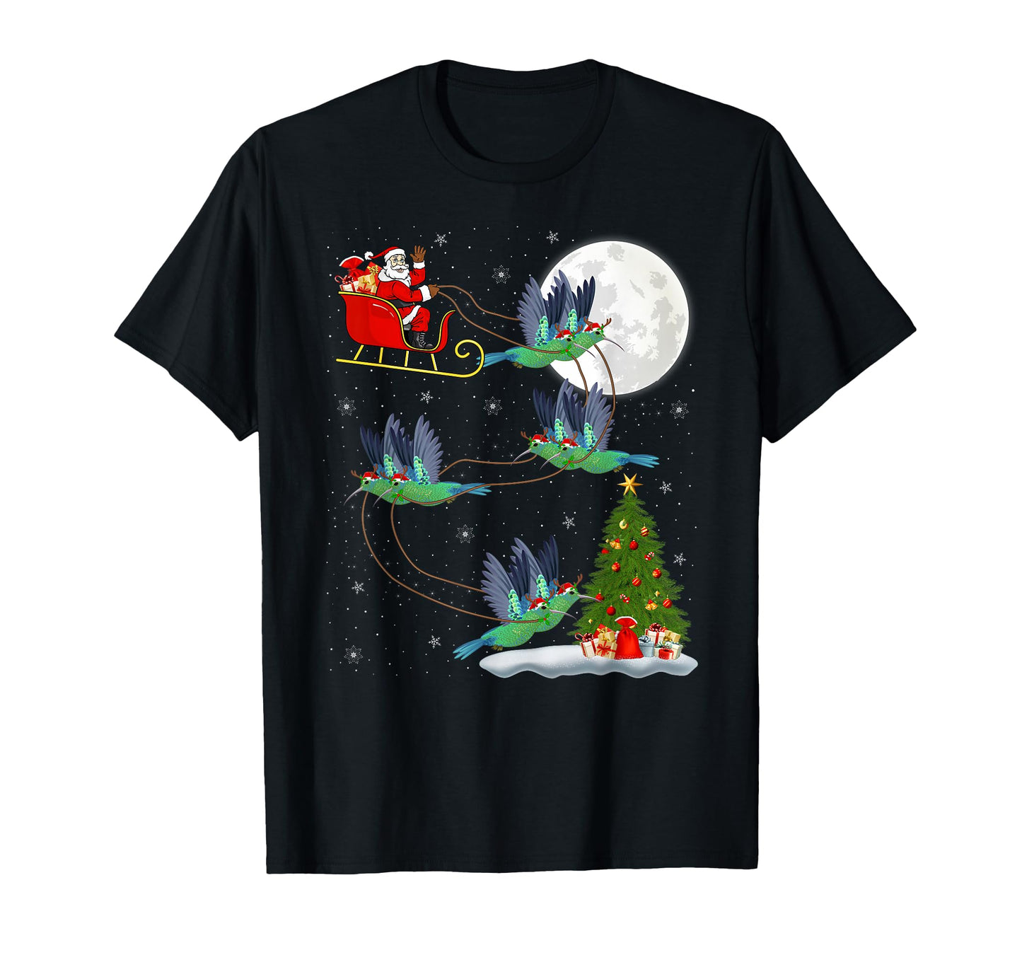 Hummingbird Santa Sleigh Flying Funny Magical Christmas T-Shirt