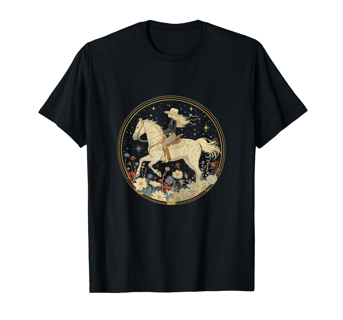 Cowgirl Riding Horse In Wildflower Field Floral Horse Girl T-Shirt