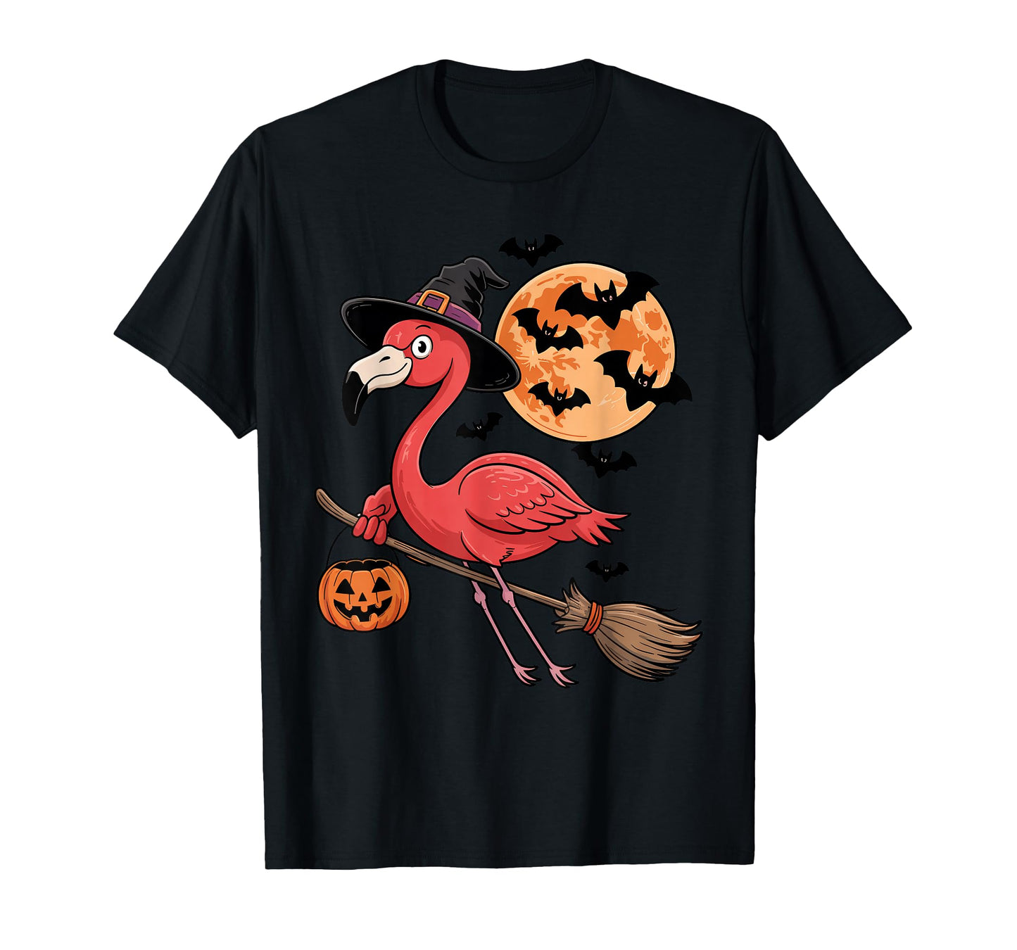 Cute Flamingo Witch Riding Broom Halloween Pumpkin Kids Boys T-Shirt