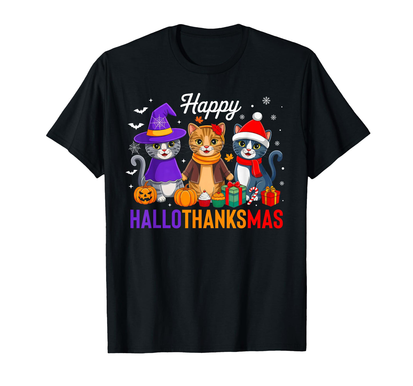 Happy Hallothanksmas Cat Halloween Thanksgiving Christmas T-Shirt