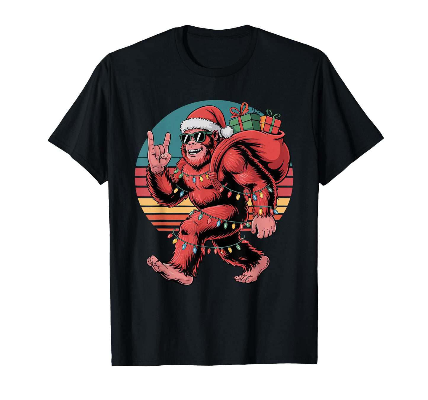 Retro Santa Bigfoot Christmas Funny Sasquatch Xmas Lights T-Shirt