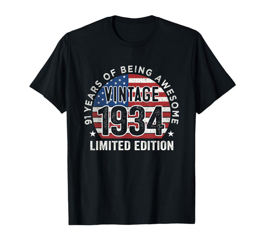 91st Birthday Gifts Men Vintage 1934 91 Years Old USA Flag T-Shirt