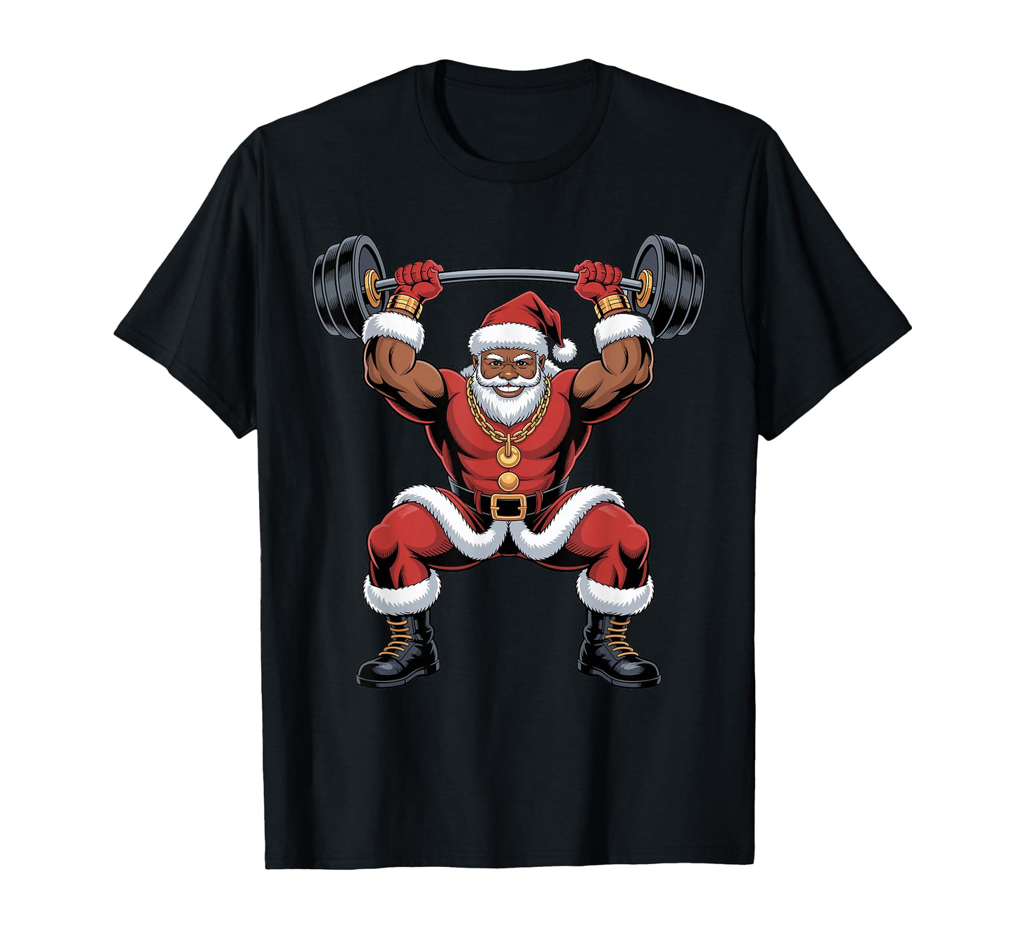 African American Santa Weightlifting Funny Christmas Holiday T-Shirt