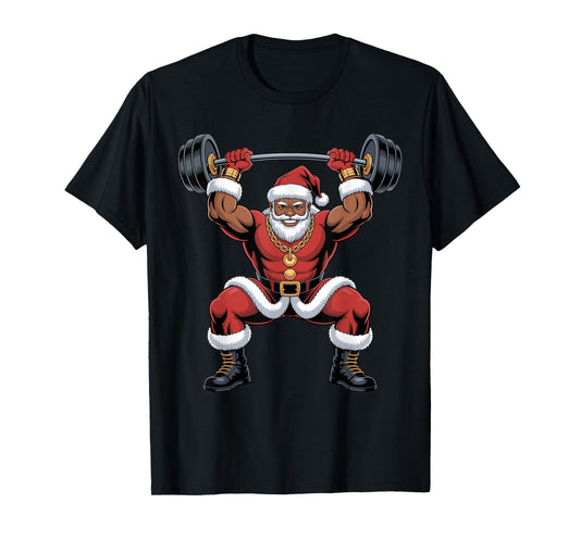 African American Santa Weightlifting Funny Christmas Holiday T-Shirt