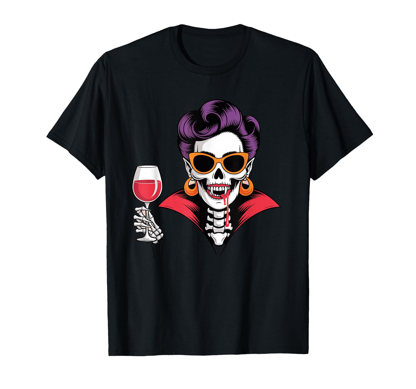 Vampire Skeleton Woman with Wine Funny Halloween Art T-Shirt