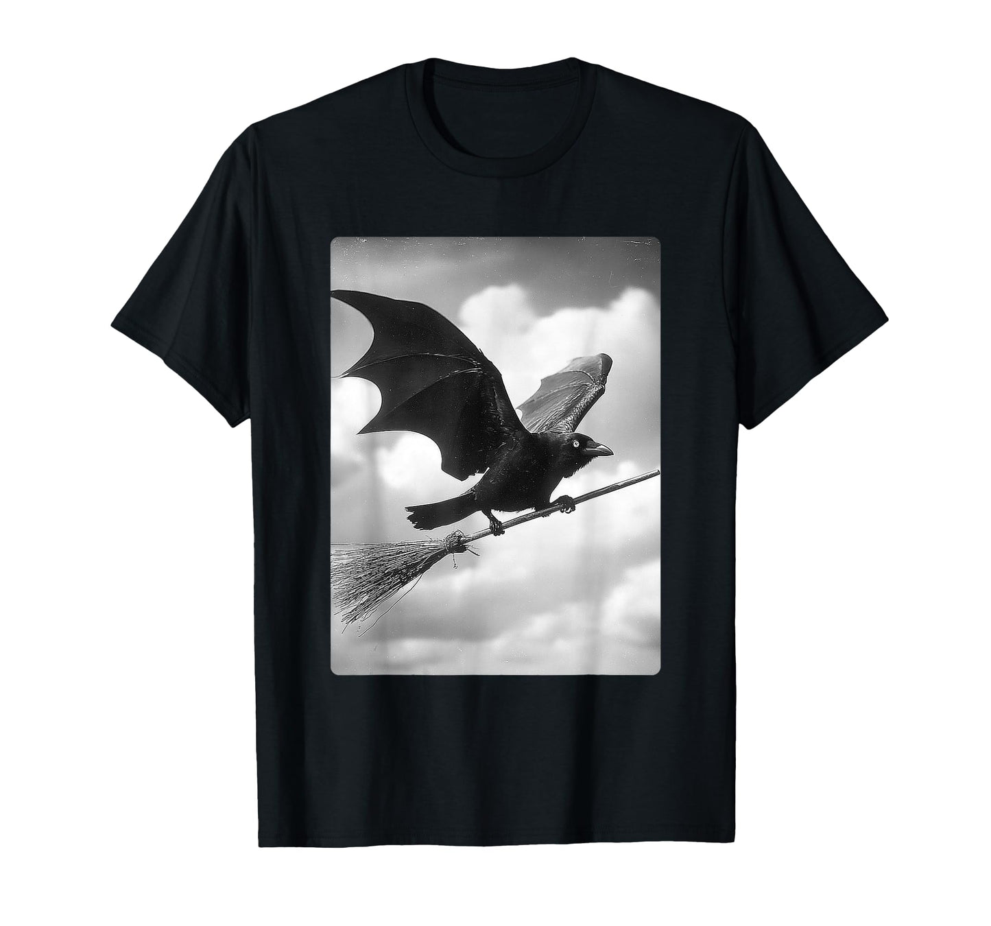 Gothic Crow Witch Broom Bat Wings Spooky Halloween Animal T-Shirt