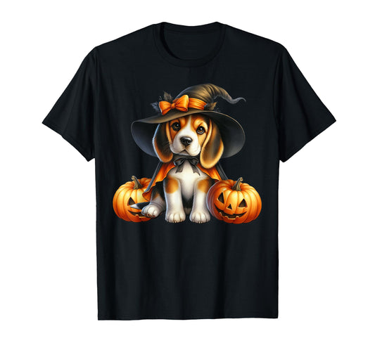 Dog Witch Hat and Jack O Lantern Pumpkin Beagle Halloween T-Shirt