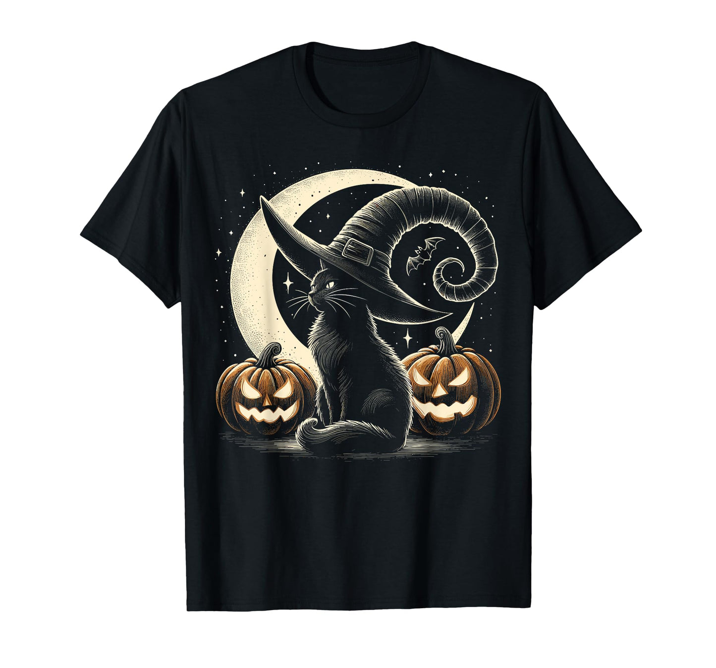 Black Cat Halloween Retro Pumpkin Costume Cat T-Shirt for Men Women Kids
