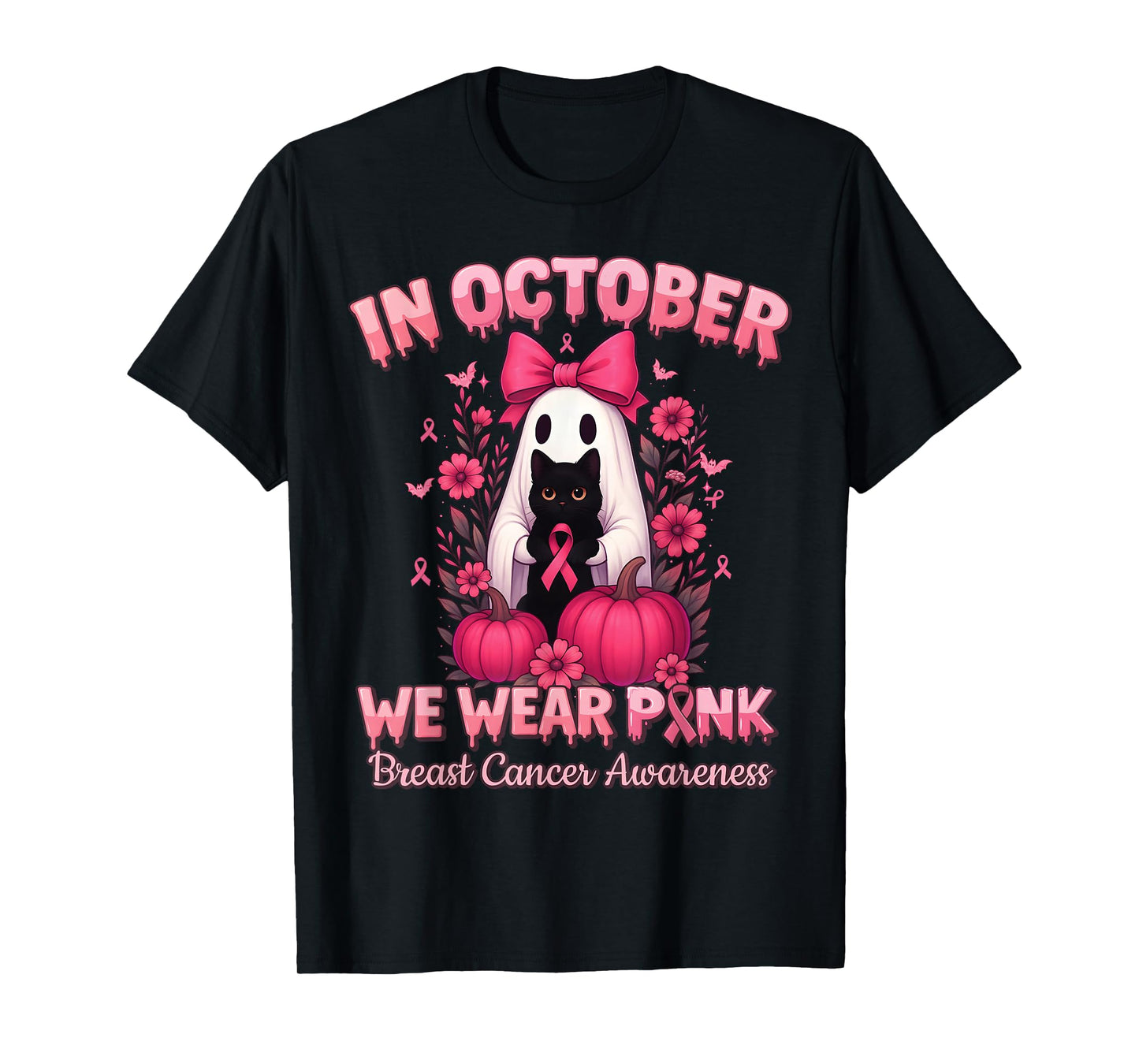 in October We Wear Pink Ghost Witch Breast Cancer Awareness T-Shirt