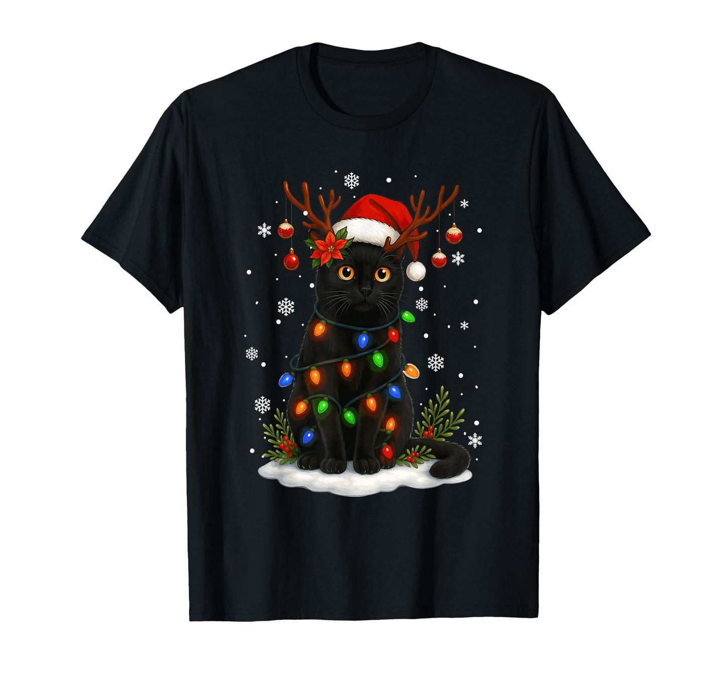 Black Cat Christmas Santa Hat Lights Funny Cats Women Mom T-Shirt