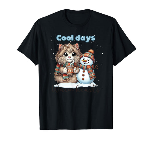Kitty Cat and Snowman Friends Share Coffee in Winter Snow T-Shirt